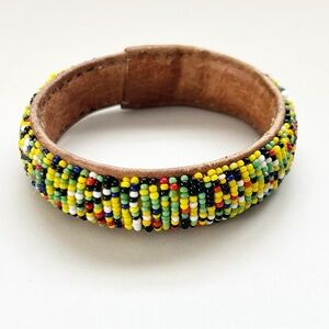 Vintage Native American Yellow Green Black Red Beaded Leather Bangle Bracelet